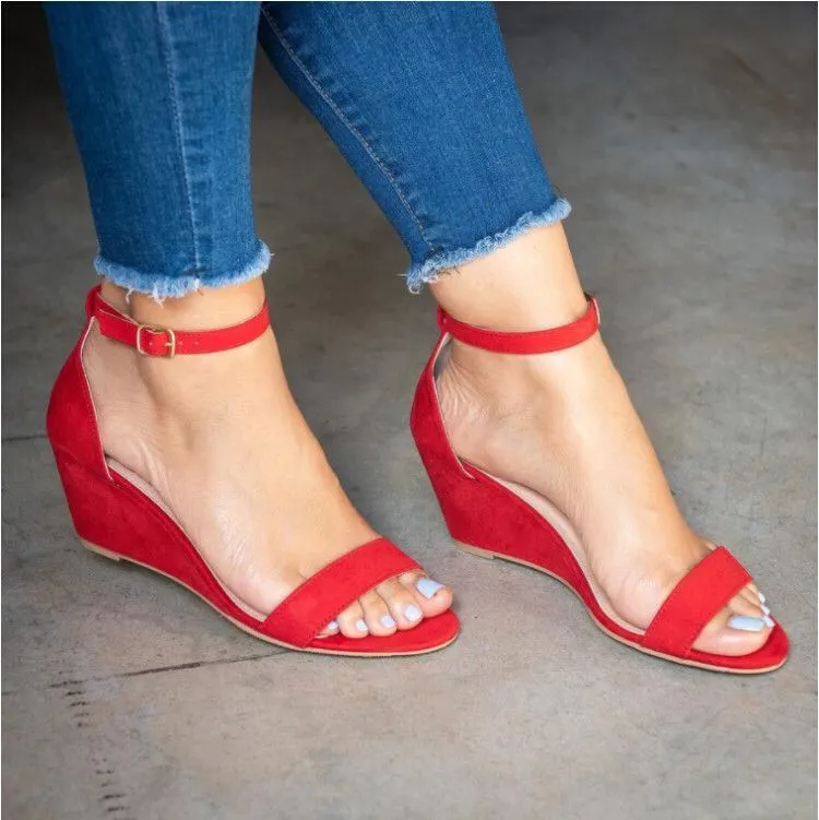 Amozae- Women's Wedge High Heel Sandals Summer New Buckle Fish Mouth Women's Flat Sandals Big Size 35-43 Bohemian Sandals