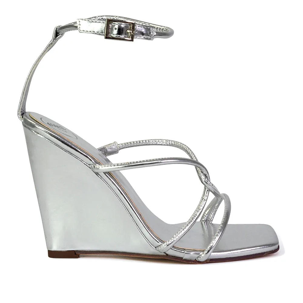 Danica Strappy Cross Over Square Toe Wedge High Heel Summer Sandals in Black