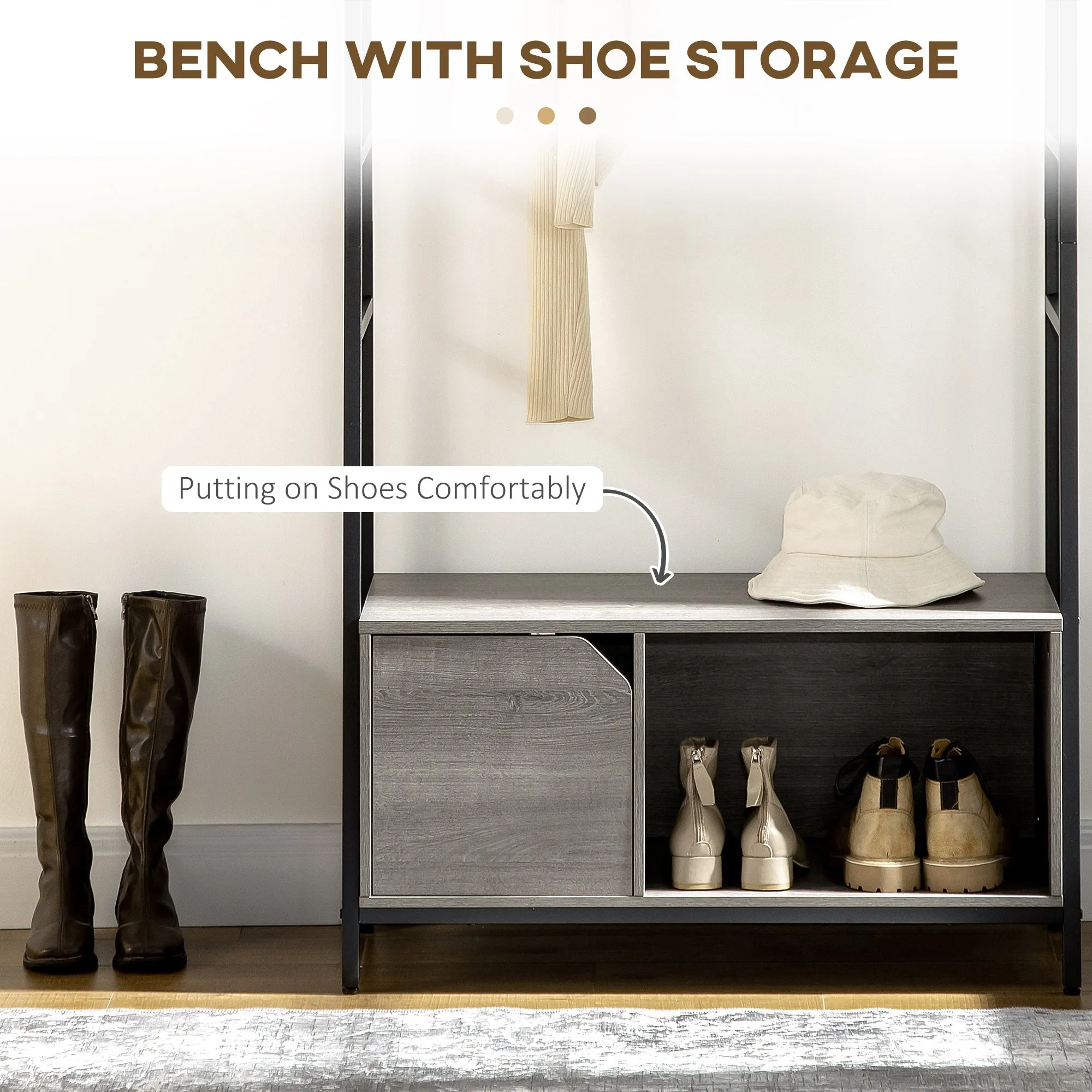 HOMCOM Coat Rack Stand, Shoe Bench with 5 Hooks and Storage Cabinet Grey