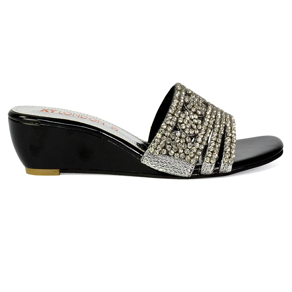 Olive Square Toe Embellished Diamante Wedge Heel Sandals in White