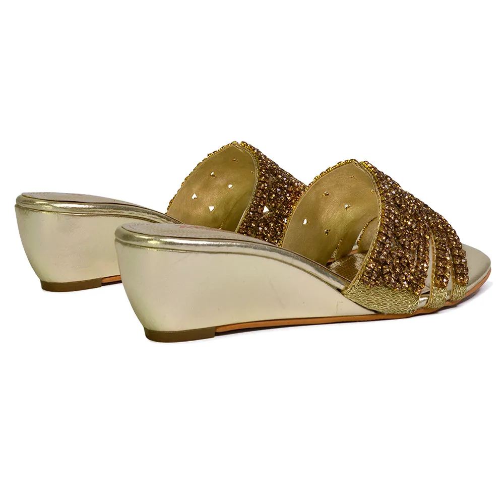 Olive Square Toe Embellished Diamante Wedge Heel Sandals in White