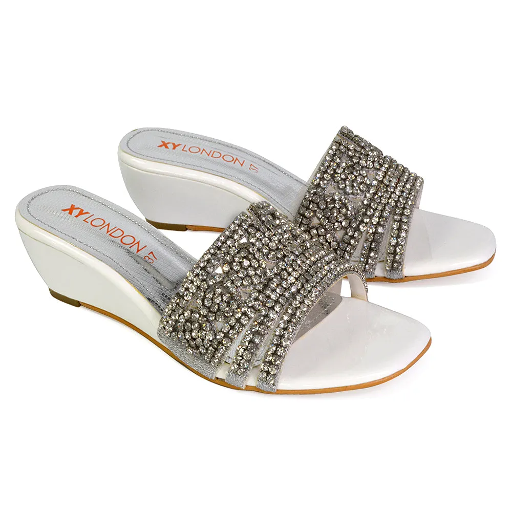Olive Square Toe Embellished Diamante Wedge Heel Sandals in White